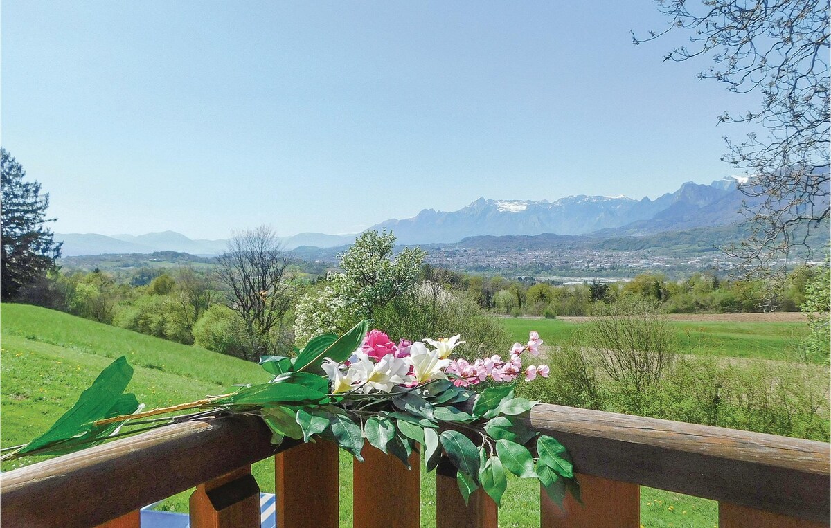 A scenic view is presented from a wooden balcony, featuring lush green fields and rolling hills in the foreground. In the distance, the Belluno Dolomites are visible under a clear blue sky, accentuated by the flowers placed on the railing.
