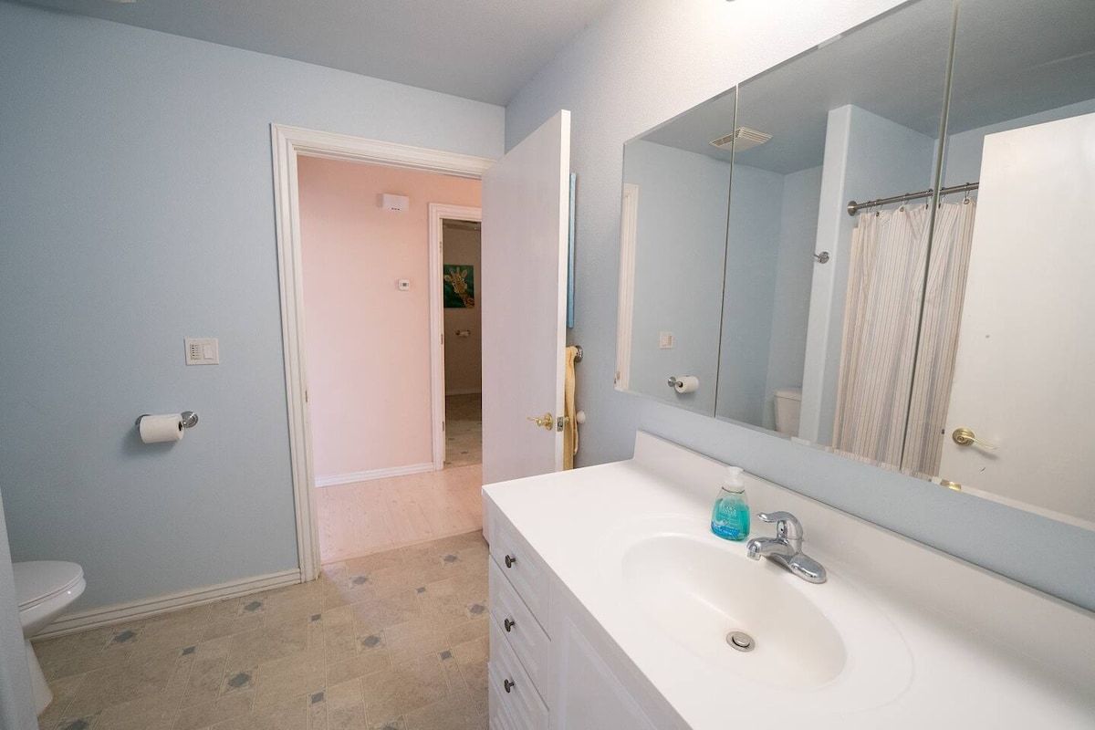 A clean bathroom features a white vanity with a sink and hand soap. A large mirror above the vanity reflects the space. Light blue walls create a calming atmosphere, while a shower curtain is visible in the background. A door leads to an adjacent room.