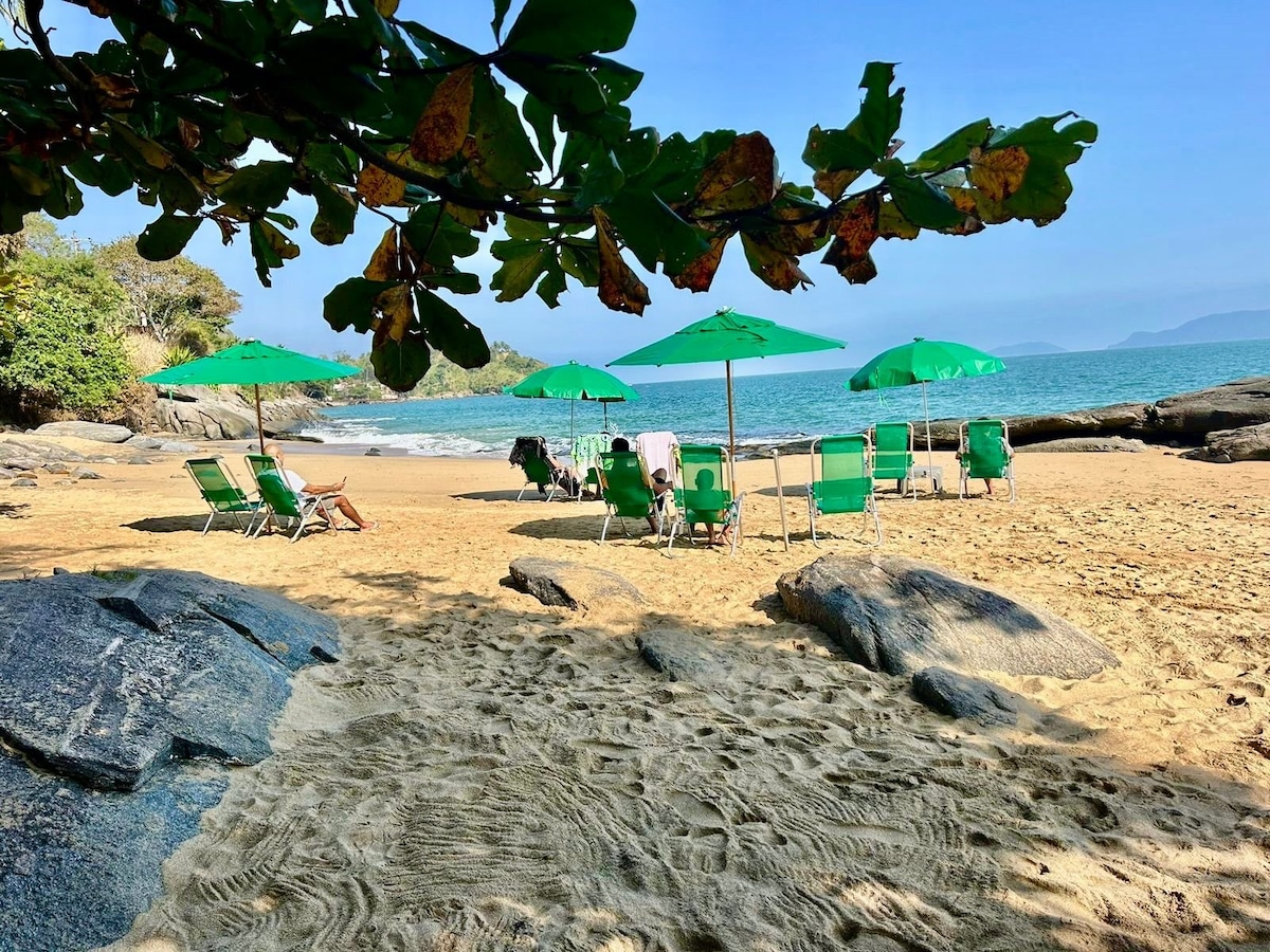 A sandy beach is complemented by green umbrellas and chairs arranged for relaxation. Rocks and beach vegetation define the area, while the calm sea extends to the horizon. The scene is framed by overhanging branches from nearby trees, providing a natural border.