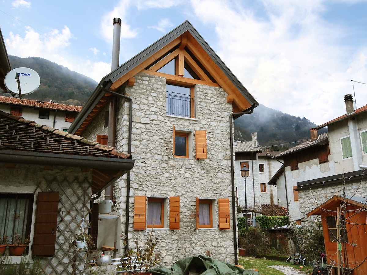 The exterior of the rustic two-family house features a stone facade and wooden shutters, nestled in a scenic hillside setting. A sloped roof accentuates the upper floors, while surrounding foliage adds to the natural charm of the property.