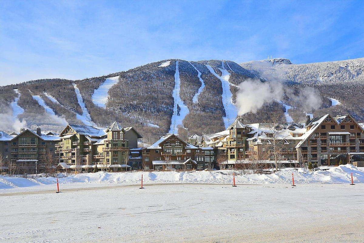 A snowy landscape features contemporary buildings arranged at the base of a mountain. Ski slopes are visible, with trails etched into the snow, and a clear blue sky above. The scene conveys a winter resort atmosphere, inviting guests for outdoor activities.