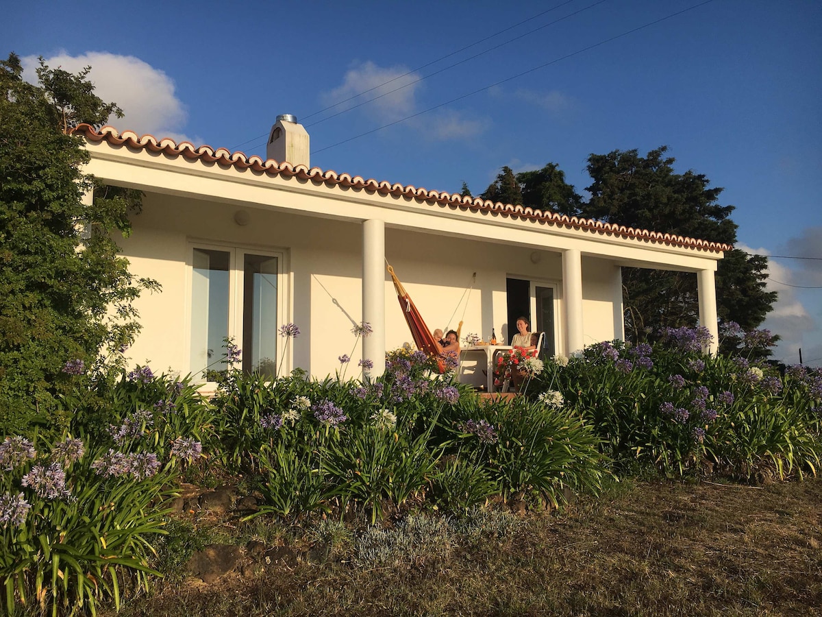 A serene exterior view of the house features a covered porch adorned with vibrant flowers. Two people can be seen relaxing in a hammock, with the landscape and sky creating a peaceful backdrop.