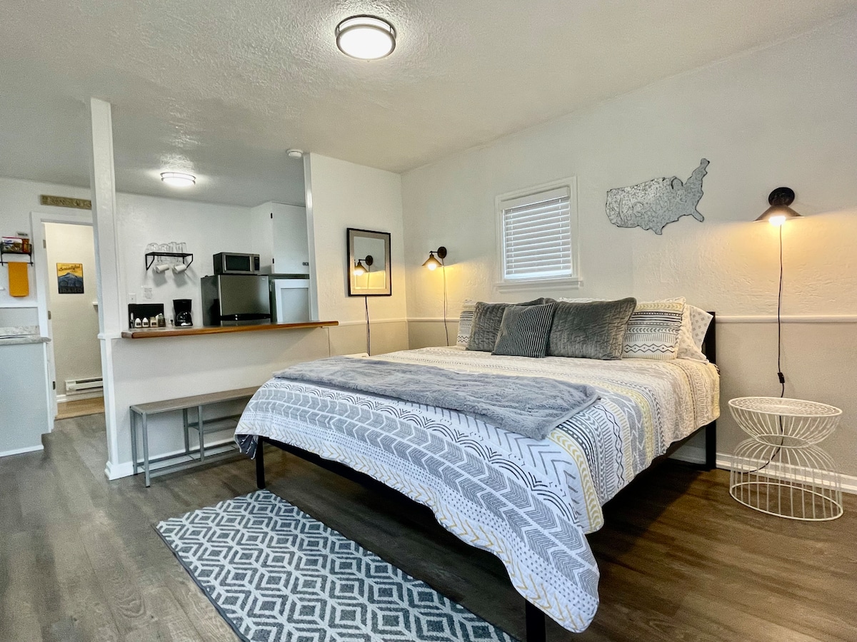 A spacious sleeping area features a well-appointed king size bed adorned with soft linens and pillows. Natural light filters through a nearby window, illuminating the room. A kitchenette with modern appliances and a bar area can be seen in the background, enhancing the functional layout.