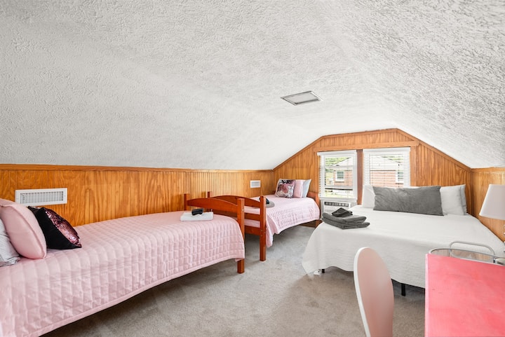 Premium Mattresses, No Bunks! In this room you'll find a queen bed and 2 twin beds!