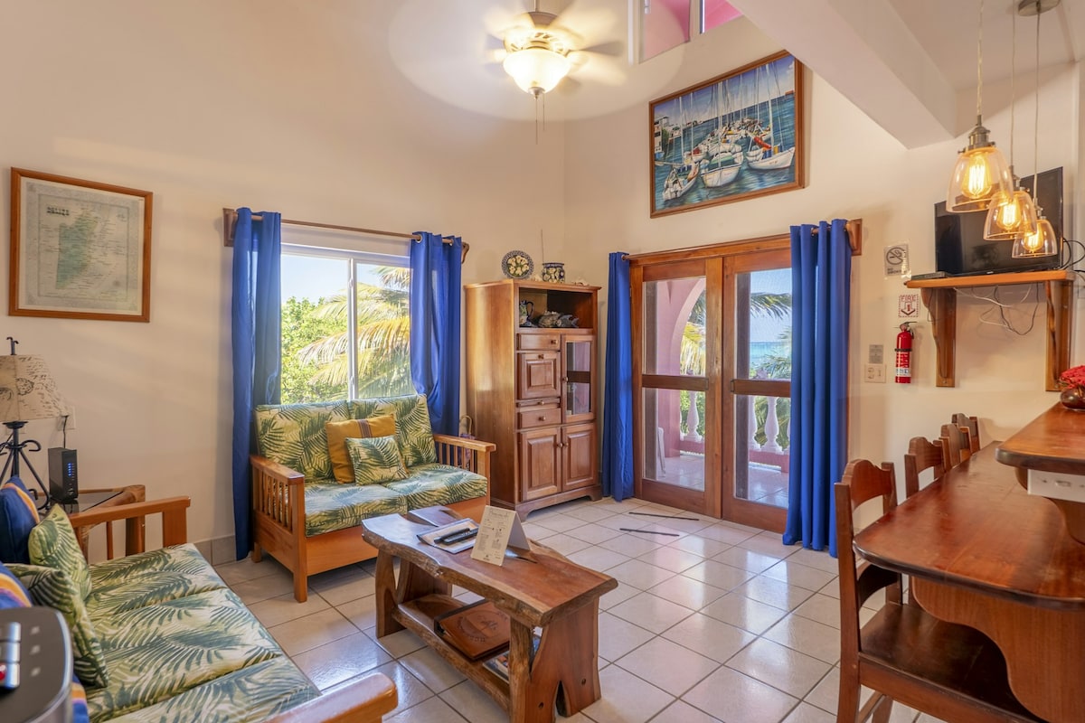 The living area features two comfortable seating arrangements with tropical-patterned cushions. A wooden coffee table sits at the center, while large windows adorned with blue curtains allow natural light to fill the space. A dining area with bar-style seating is visible in the background.