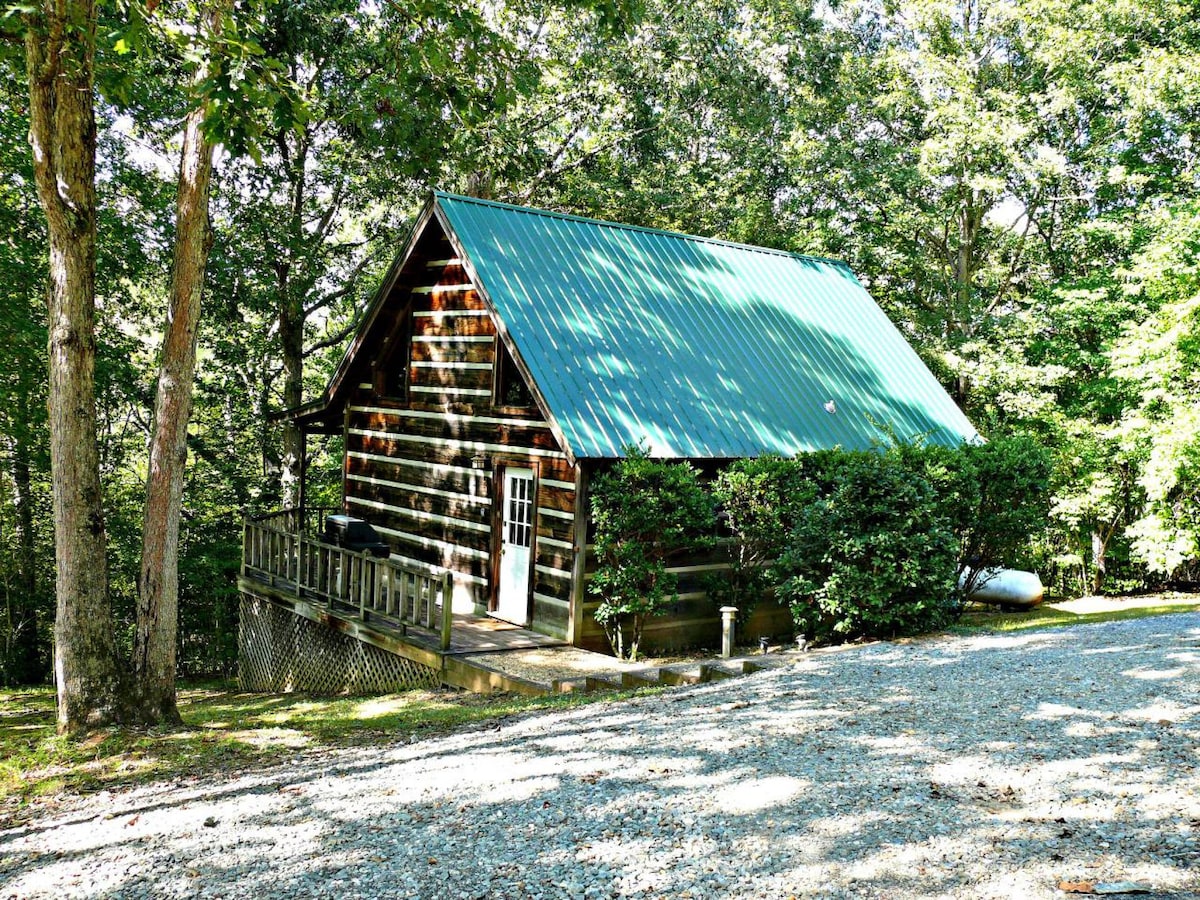 A charming cabin featuring a rustic wooden exterior with a steep green metal roof. Tall trees surround the structure, offering shade and a natural setting. A small porch extends from the front, and gravel is visible in the foreground, leading up to the cabin entrance.