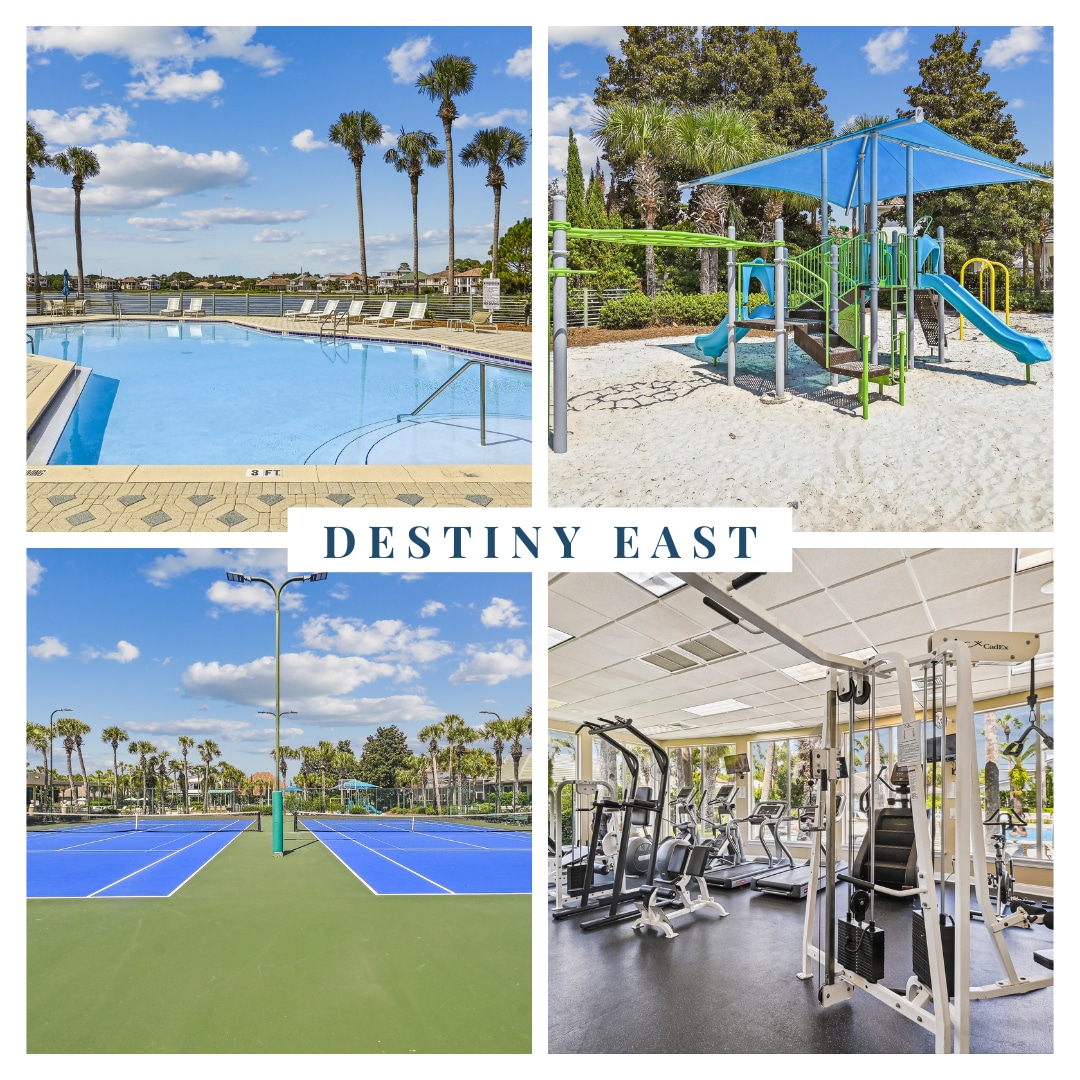 The image showcases four views of Destiny East amenities. A swimming pool is surrounded by lounge chairs under a clear sky. A playground features green and yellow equipment on sandy ground. Two tennis courts are visible with vibrant blue and green surfaces. An indoor gym displays various exercise machines.