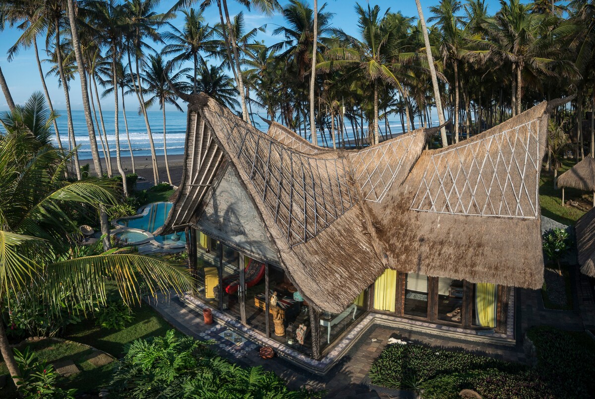 The villa is surrounded by tall palm trees and features a thatched roof with a unique upward slope. Expansive glass walls reveal a lush garden and proximity to a calm beach, with ocean waves visible in the background.