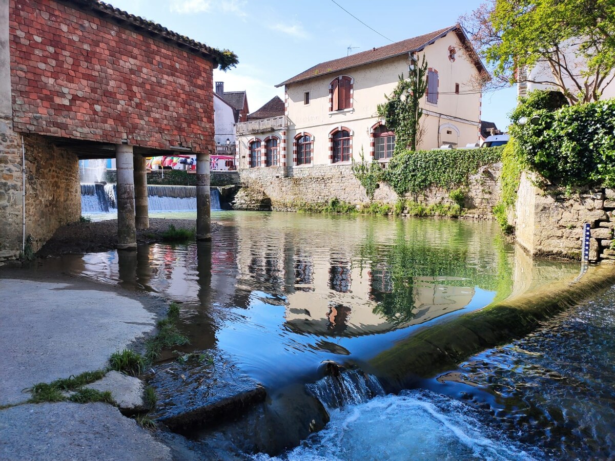 A tranquil river scene is captured, with flowing water cascading over a stone ledge. Historic buildings line the opposite bank, featuring large windows and lush greenery. Reflections in the calm water mirror the surrounding landscape, creating a serene atmosphere.