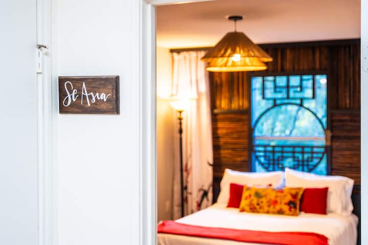 Transport yourself to an enchanting world with this captivating Asian-themed bedroom. Rich in cultural aesthetics, it boasts intricate wooden carvings, ornate silk textiles, and soft, ambient lighting.