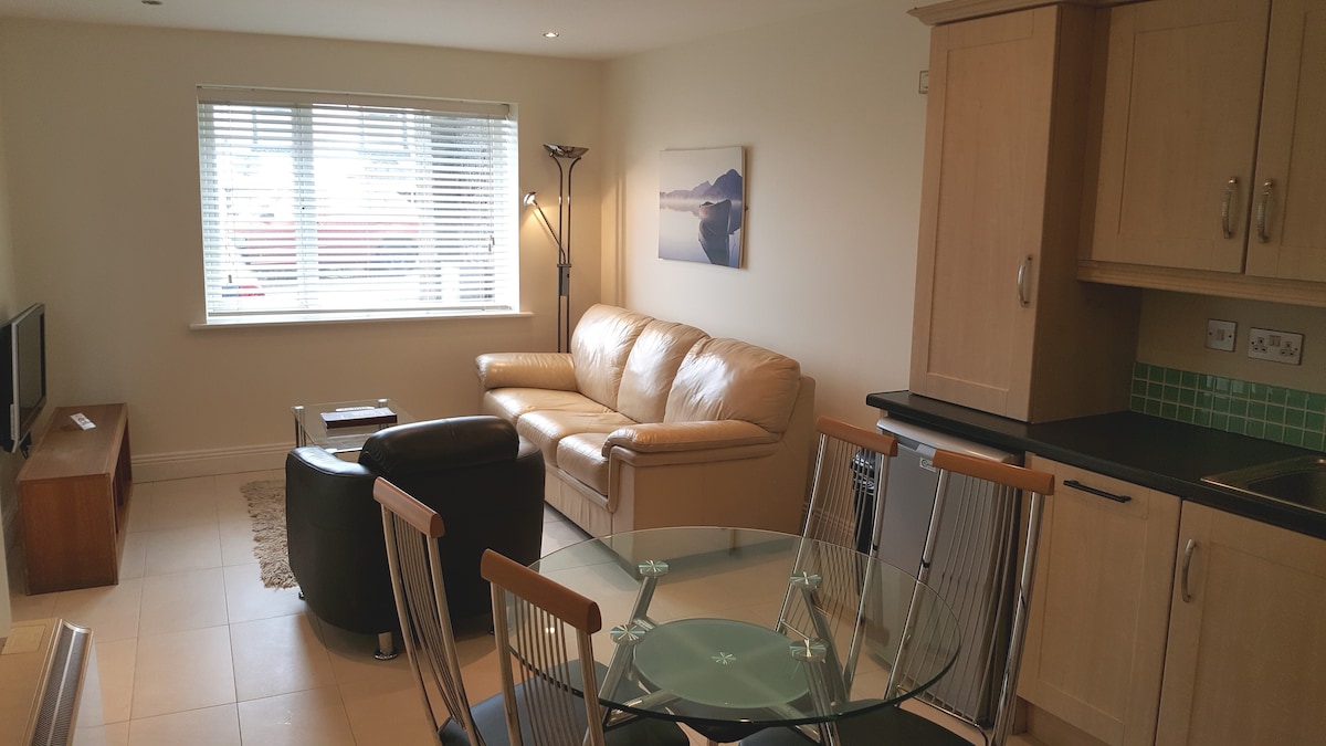 A bright living area features a leather sofa and a glass dining table set, complemented by a wooden TV unit. Natural light streams through a large window adorned with blinds, while a standing lamp adds extra illumination. The kitchen area is visible in the background.