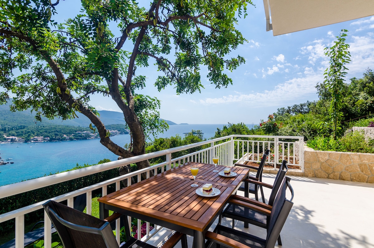 An outdoor terrace features a wooden dining table surrounded by black chairs, set against a scenic view of the blue sea and green hills. Sunlight illuminates the area, creating a bright and inviting space for guests to enjoy meals or relax.