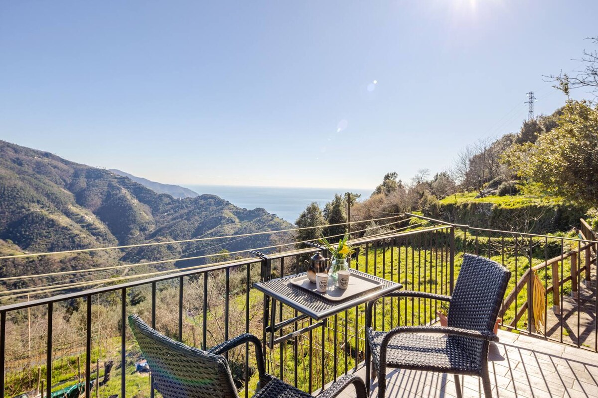 A terrace with two chairs and a small table overlooks a scenic view of rolling hills leading down to the sea. Lush greenery surrounds the area, with clear skies and bright sunlight illuminating the landscape.