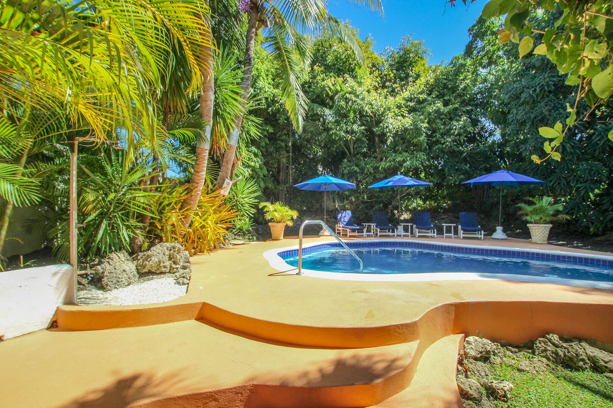 A private pool is surrounded by lush tropical foliage, offering shade and tranquility. Sun loungers with blue umbrellas line the pool deck, providing spaces for relaxation. A gentle slope of the deck leads to the water, enhancing the inviting outdoor atmosphere.