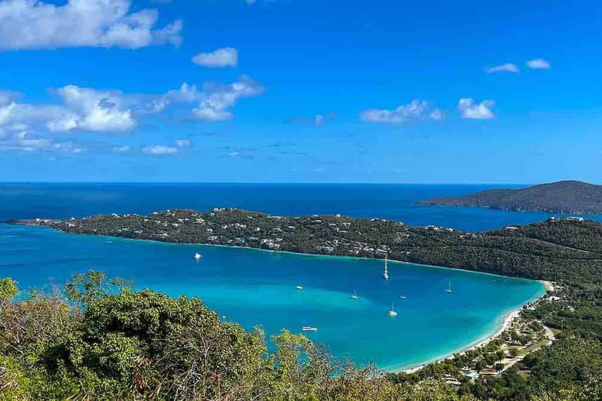 A panoramic view captures the vibrant blue waters of the Caribbean, surrounded by lush greenery. Sailboats dot the tranquil sea, while the shoreline showcases a gentle curve, inviting exploration. The horizon offers a clear skyline, enhancing the serene coastal landscape.
