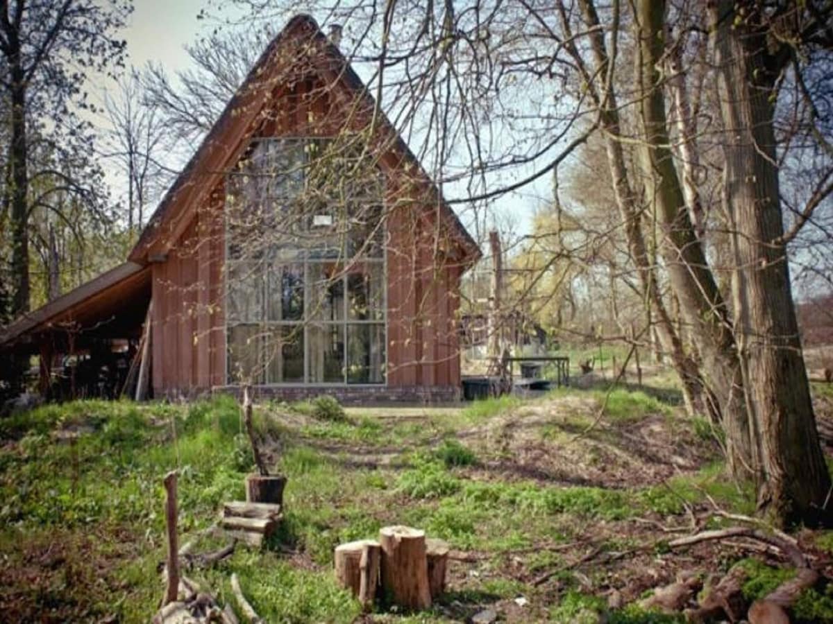 A charming wooden cottage with a steeply pitched roof is set among trees, displaying large glass windows that invite natural light. A grassy area surrounds the house, with logs scattered near the entrance, creating a rustic and serene ambiance.