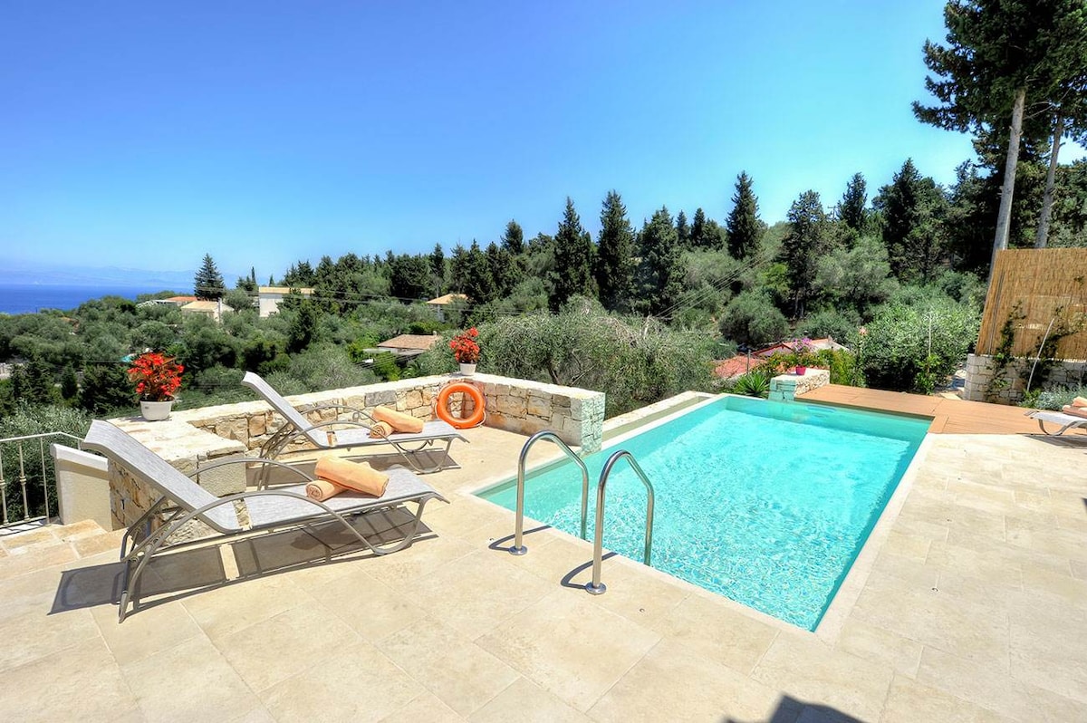 An infinity pool surrounded by a stone patio is featured, accompanied by two lounge chairs adorned with orange towels. Lush greenery and colorful flowers create a natural backdrop, with trees lining the horizon and clear blue skies above, offering a serene atmosphere.