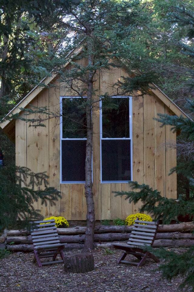 A rustic cabin is nestled among the trees, featuring large windows that allow natural light to illuminate the interior. Two wooden chairs are positioned on the ground, complemented by vibrant yellow flowers at the base of the cabin, enhancing the natural surroundings.