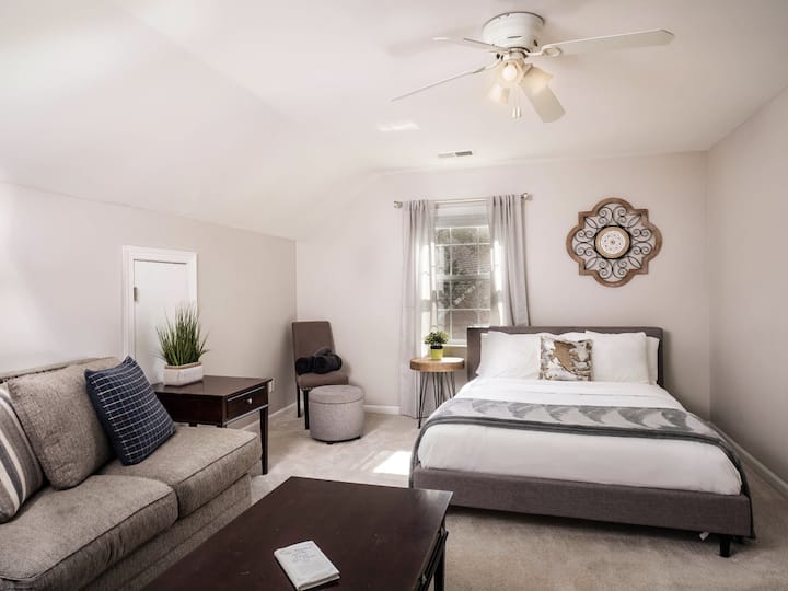 Mini Guest Suite Features Queen Bed and Space to Enjoy Some Downtime with Roku Streaming TV.