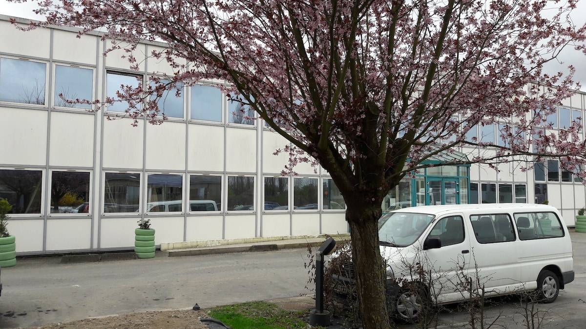 A modern building with large windows is seen alongside a tree in bloom, its pink flowers contrasting with the neutral tones of the structure. A white van is parked nearby, and planters are positioned along the walkway.