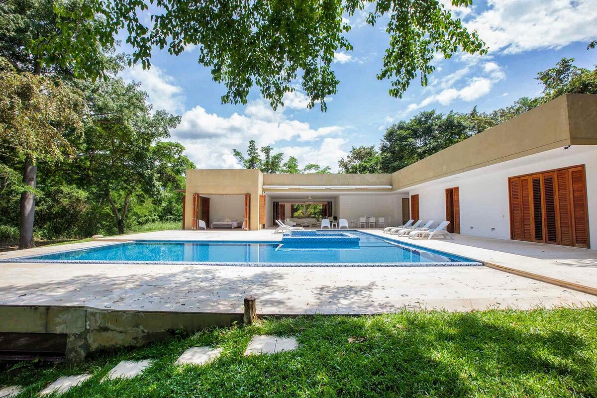 A spacious outdoor area features a large swimming pool surrounded by a deck and sun loungers. Lush greenery is visible in the background, while the house is designed with ample windows and doors, allowing natural light to fill the interior spaces.