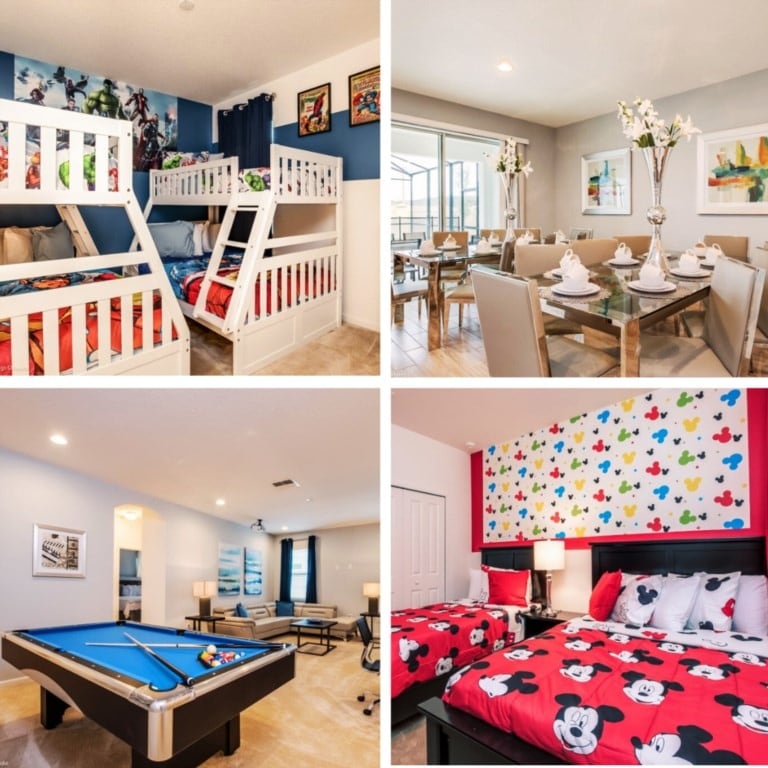 A children's bedroom features a twin bunk bed, decorated with playful designs, alongside a blue accent wall. A dining area is shown with an elegantly set table, and bright wall art brings color to the space. A game room includes a pool table, while a bedroom showcases Mickey Mouse-themed bedding.