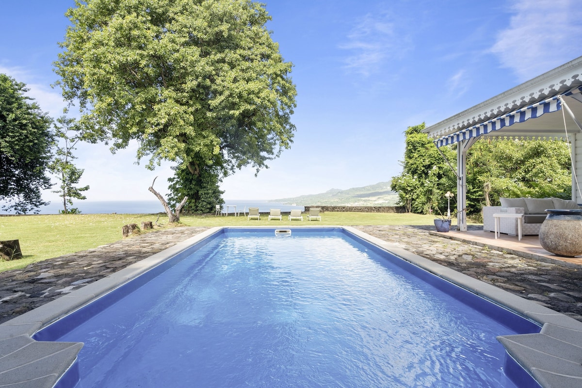A private pool measures 3.5m x 7.4m, surrounded by stone tiles and well-maintained grass. A covered terrace is visible in the background, with seating options and a blue-and-white striped awning. Lush greenery and a large tree frame the view, enhancing the serene landscape.