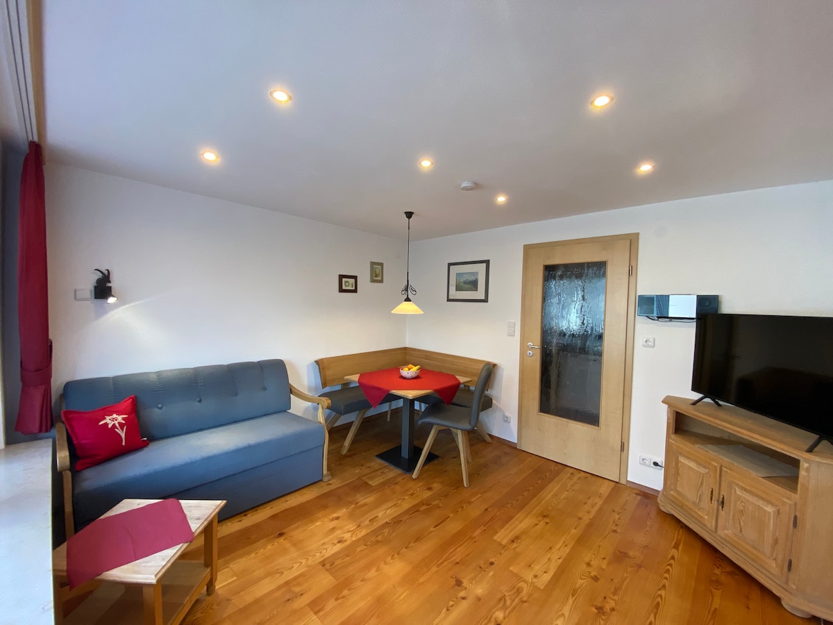 A cozy living space featuring a blue sofa and a wooden dining table set for four. Soft lighting enhances the warm wooden floor, while a flat-screen TV and simple decor pieces add character to the room. A door with glass inserts offers a view into the adjoining space.
