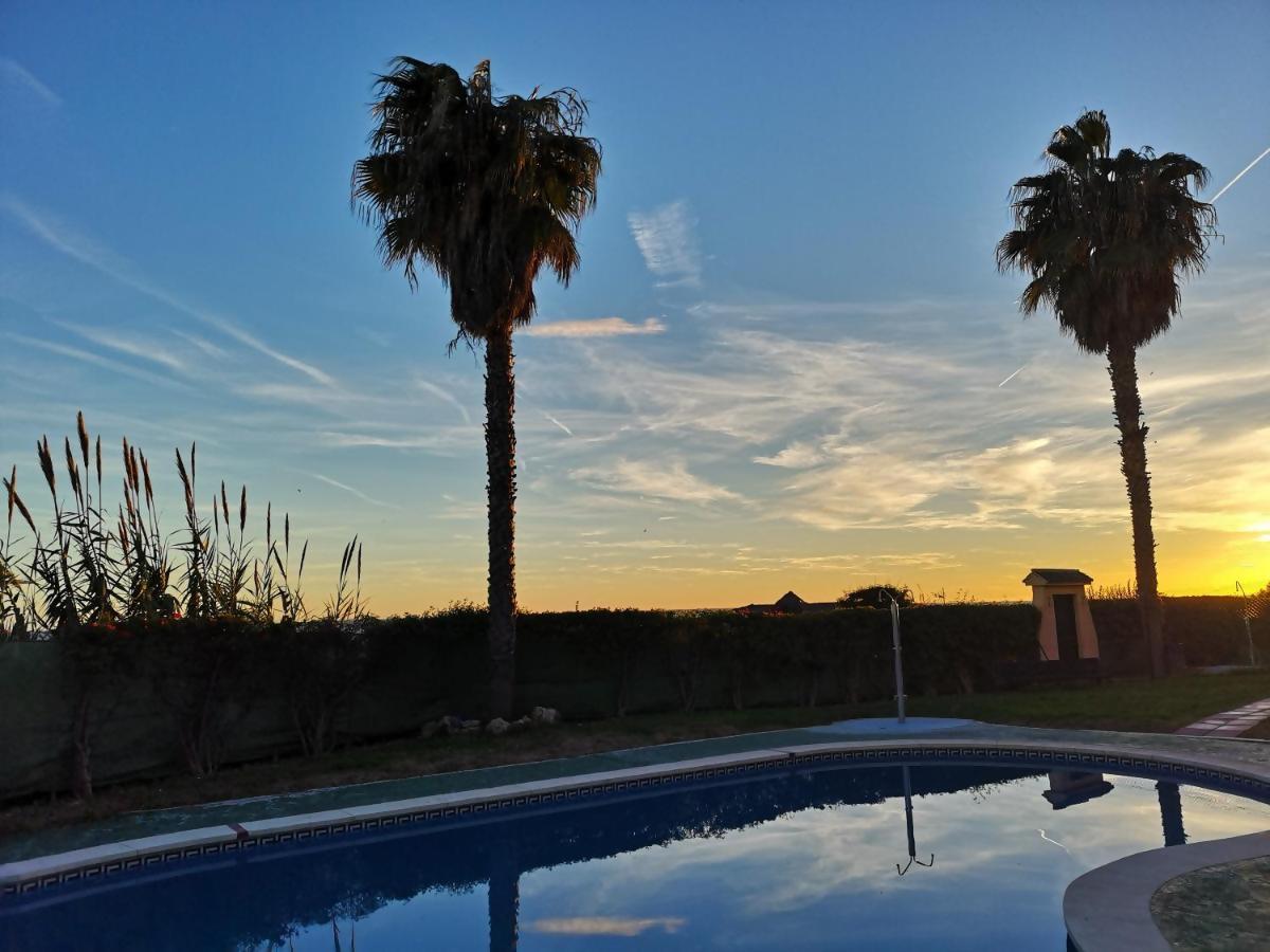 A serene outdoor area features a private pool reflecting the colorful sunset, framed by palm trees. Lush greenery and shrubs line the perimeter, enhancing the tranquil setting.