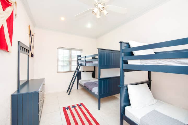 Bedroom 3 is on the lower level and comes furnished with two sets of bunk beds.