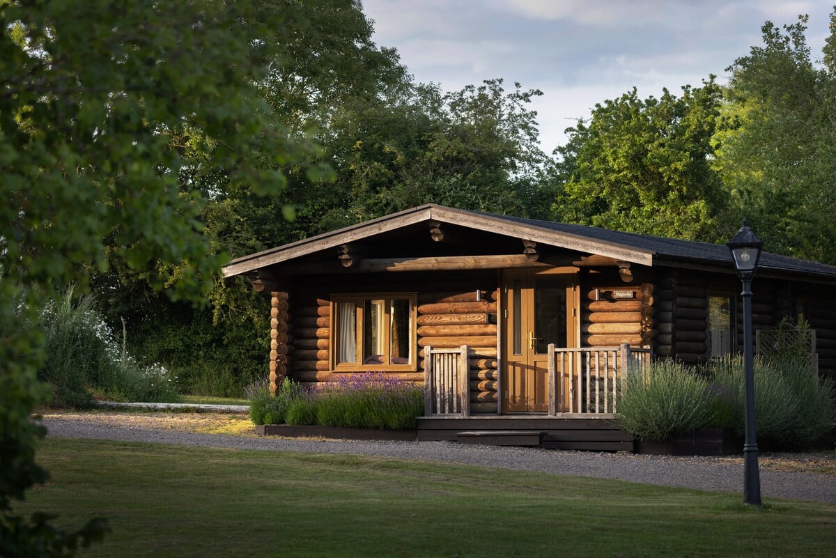 A rustic log cabin is framed by greenery, showcasing its natural wood exterior and a front porch with railings. Surrounding lavender plants and tall grass enhance the outdoor setting, while a lamppost stands nearby, adding a touch of charm to the serene landscape.
