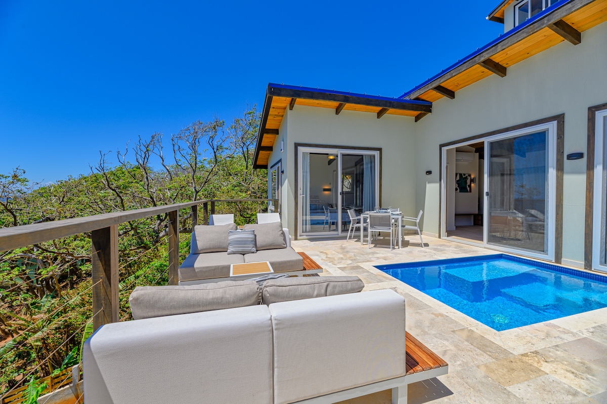 An outdoor deck features comfortable seating arrangements and a private plunge pool. Large sliding doors provide access to the interior, allowing for seamless indoor-outdoor living. The surrounding greenery adds a natural touch to the serene setting.