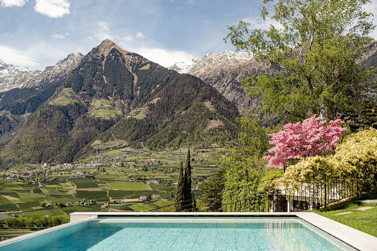 A serene outdoor pool area features clear water, surrounded by lush greenery and blooming trees. The backdrop showcases majestic mountains, with snow-capped peaks under a blue sky. The landscape extends into rolling hills, adding to the tranquil atmosphere of the setting.