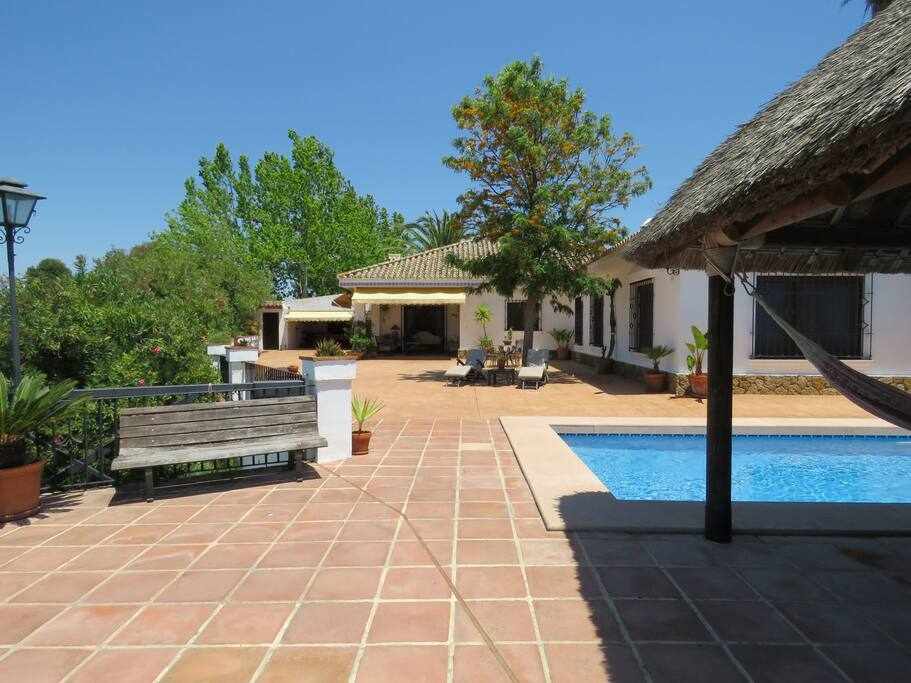 An outdoor area featuring a pool surrounded by terracotta tiles and lush greenery. A shaded seating area with a thatched roof provides a relaxing spot, while a hammock is visible. The background showcases the house with large windows and a spacious patio for gatherings.