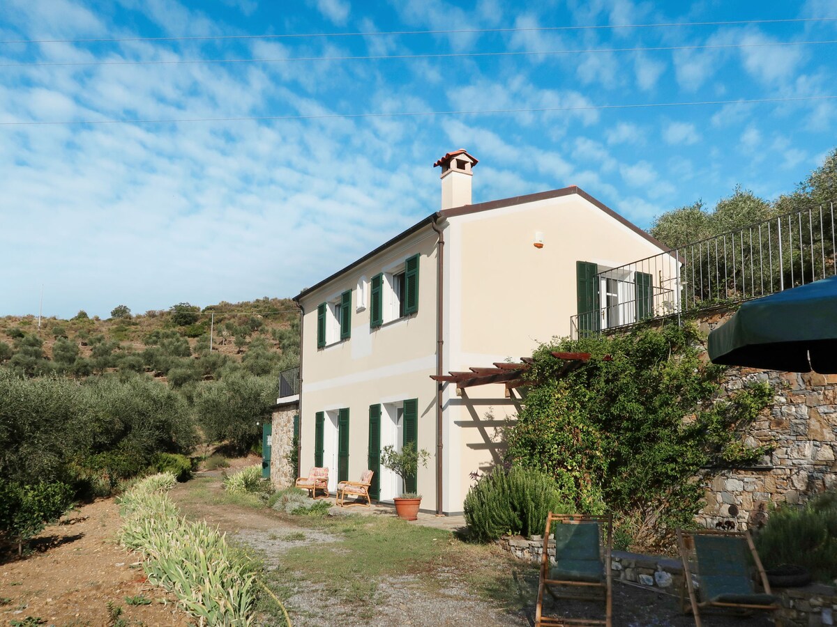 A two-level house features a light-colored exterior with green shutters. Surrounding vegetation includes olive trees and shrubs. A stone wall encloses part of the property. Skyward, clouds drift above in a blue expanse, suggesting an inviting outdoor environment.