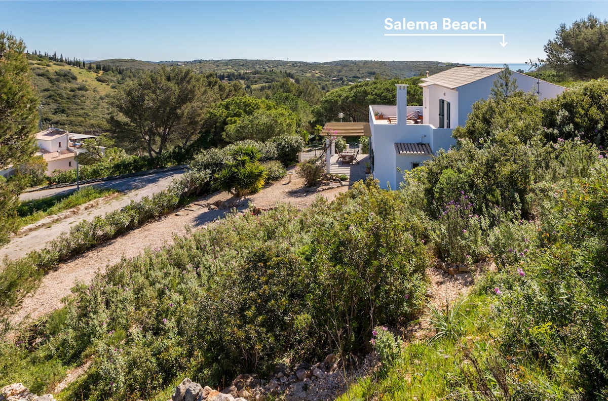 A scenic view of the villa is captured from an elevated angle, showcasing the surrounding lush greenery and private garden. Salema Beach is visible in the distance, blending naturally with the landscape under a clear blue sky.