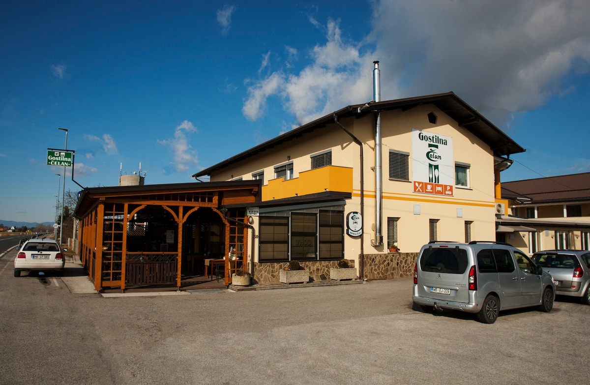 The exterior of a guest house is depicted, showcasing a two-story structure with a mix of light and dark colors. A covered outdoor seating area is visible, framed by wooden beams, while several parked cars line the driveway. The signage is clear and welcoming.