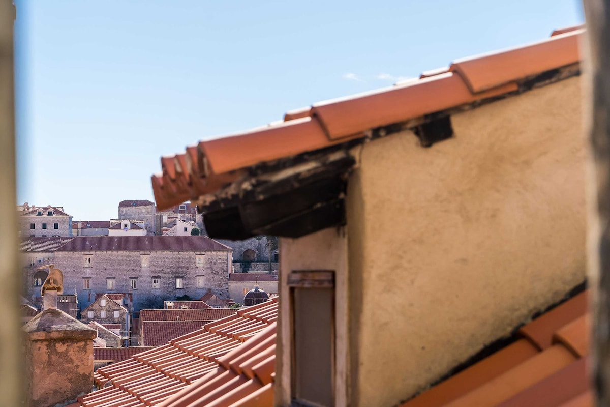 A view of terracotta-tiled roofs is presented, showcasing the architecture of the surrounding buildings. The image captures the edges of rooftops and distant structures, set against a clear blue sky, providing a glimpse of the historical essence of the Old City.