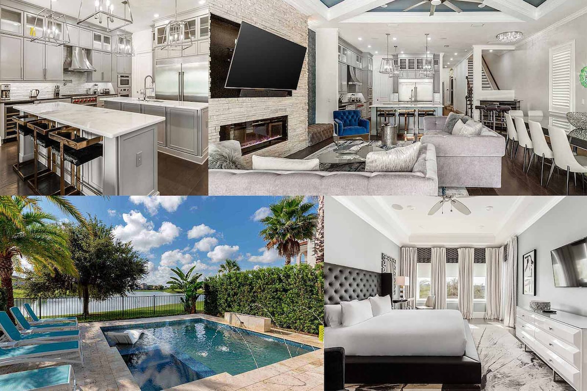 The collage showcases a modern kitchen with sleek cabinets and spacious white granite islands. The living area features plush sofas around a stone fireplace and a large smart TV. An outdoor scene highlights a private pool framed by palm trees. A serene bedroom is designed with an elegant headboard and soft bedding.