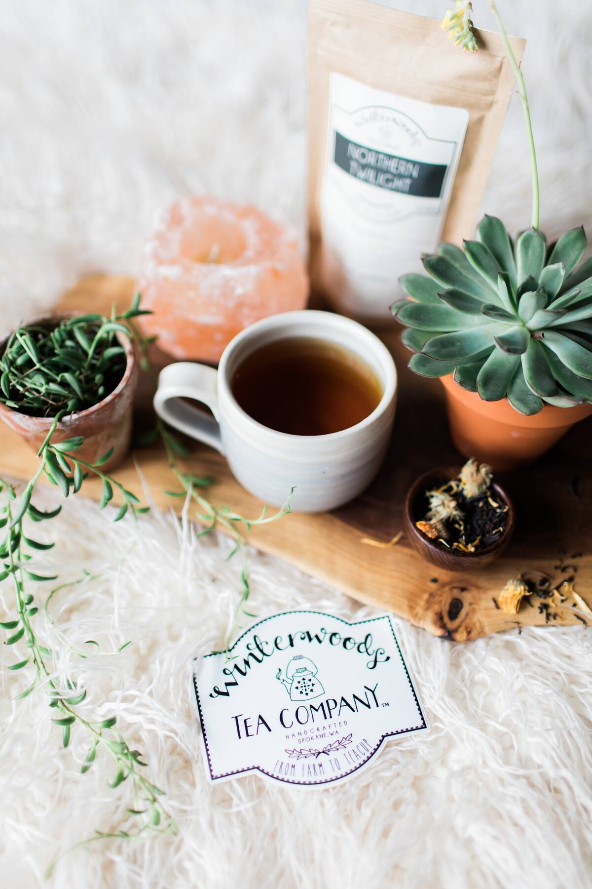 A cozy arrangement features a warm cup of tea alongside a pouch of loose leaf tea from Winterwoods Tea Company. Small terracotta pots with vibrant green plants and a natural wooden serving board add a touch of nature. A soft, plush backdrop enhances the inviting scene.