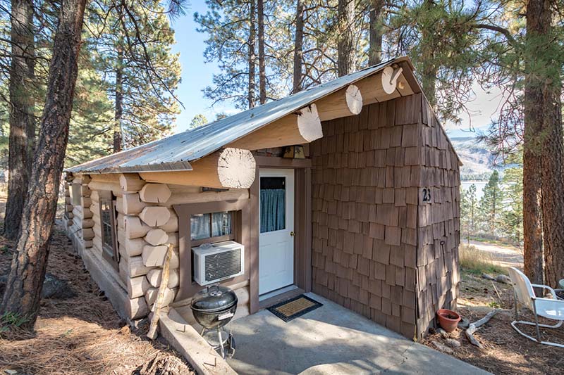 The exterior of a rustic log cabin is visible, featuring a sloped roof and natural wood siding. The entrance is framed by log accents, with a white door flanked by a small air conditioning unit. A charcoal grill and two white chairs sit on a stone patio surrounded by pine trees.