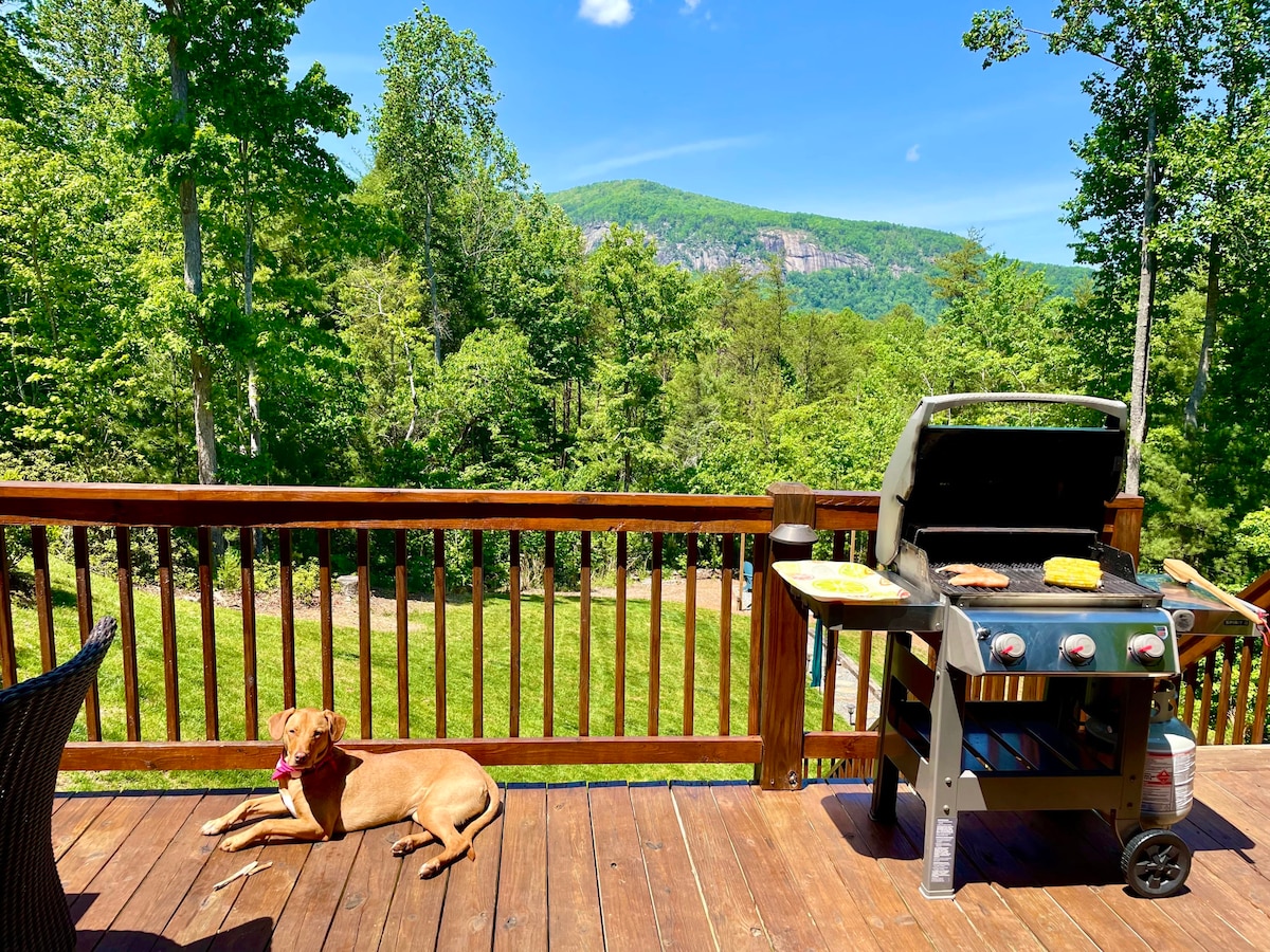 An expansive deck features a stainless steel BBQ grill, ready for outdoor meals. A dog rests comfortably on the wooden floor, while the backdrop showcases a lush, green landscape and distant mountains under a clear blue sky.
