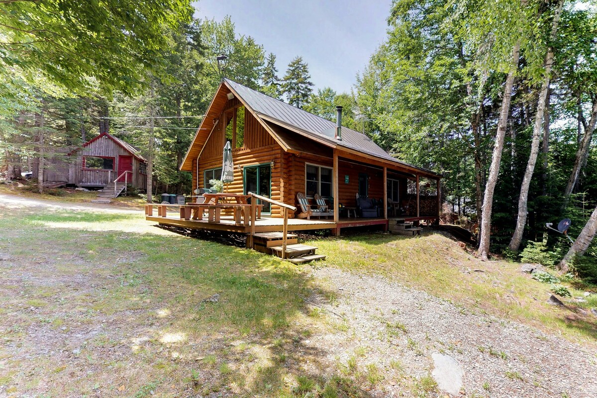 The exterior of a lakeside cabin is showcased amidst lush trees. A spacious wooden deck features seating for relaxation. A gently sloping lawn leads to a tranquil lake, while a separate building, possibly a shed or guest house, is visible in the background.
