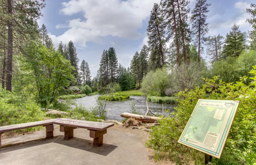 A serene riverside scene showcases the Metolius River surrounded by lush greenery and tall trees. A wooden bench provides a place for visitors to sit and enjoy the view. An informational sign stands nearby, offering details about the river and its natural surroundings.