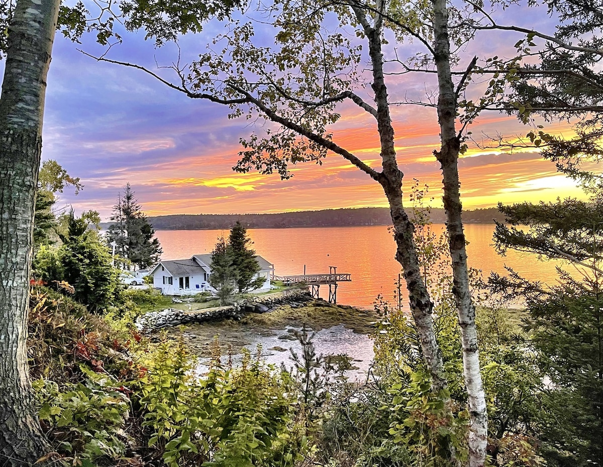 A coastal cottage is framed by trees, overlooking a serene bay at sunset. Vibrant colors fill the sky, reflecting on the water. A private dock is visible to the right, and the natural landscape showcases various green foliage and rocky shoreline.