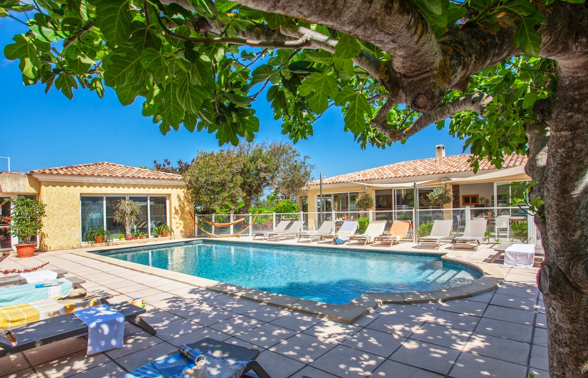 An outdoor area features a rectangular swimming pool surrounded by sun loungers on a tiled deck. Lush greenery and trees provide shade, while the facade of a light-colored building with large glass windows is visible in the background.