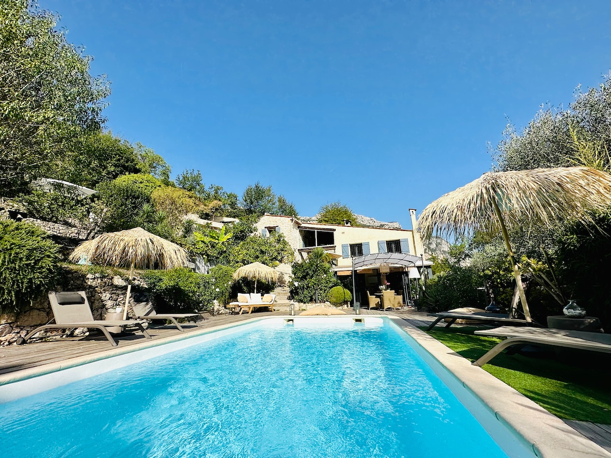 A clear blue swimming pool reflects the sky, surrounded by lush greenery and shaded by thatched umbrellas. The inviting terrace features loungers, leading up to a charming cottage set among trees, displaying a tranquil outdoor living space.