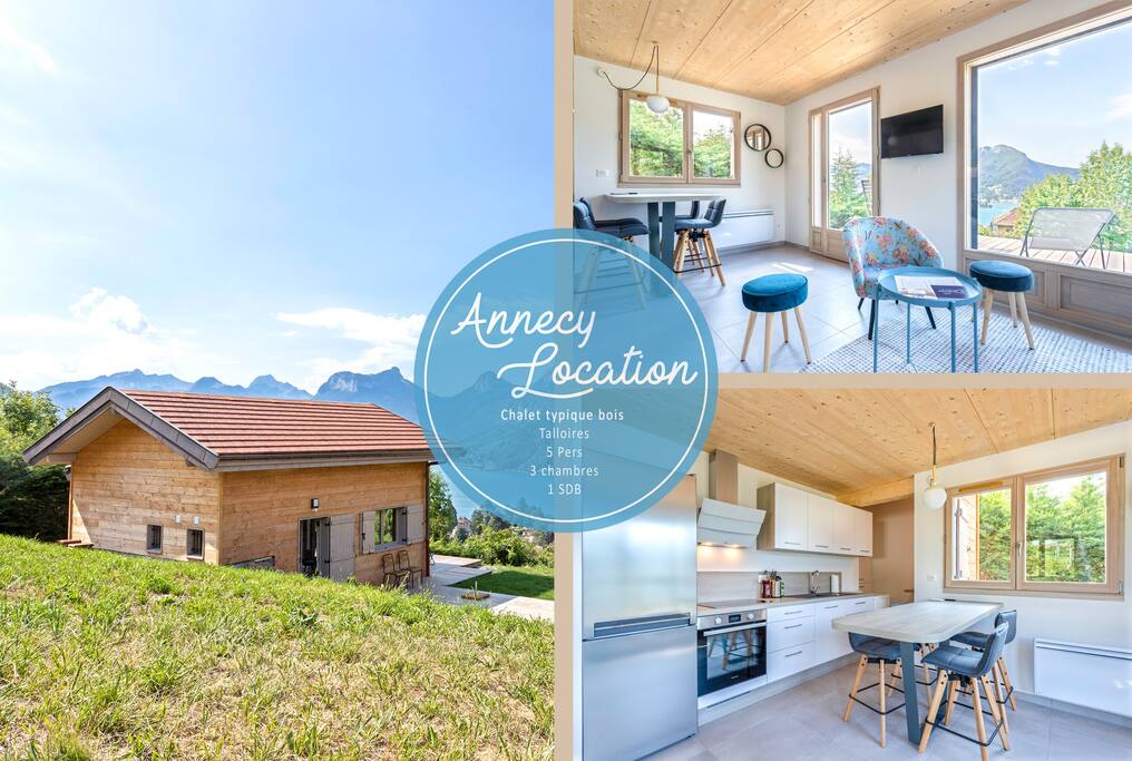 The image showcases a charming wooden chalet nestled in a green landscape, surrounded by mountains. The interior features modern furnishings, including a dining area with a blue table and chairs, and large windows that offer natural light and views of the outdoors.