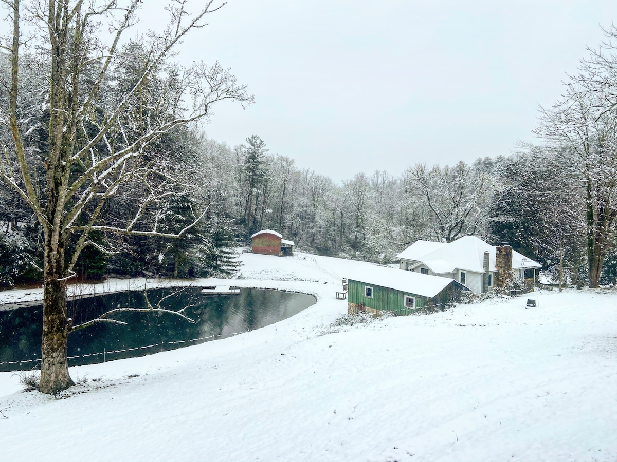 A serene winter scene captures a snow-covered landscape surrounding the home and pond. The house features a sloping roof and large windows, while a nearby outbuilding adds to the rustic charm. Leafless trees line the perimeter, and fresh snow blankets the ground.