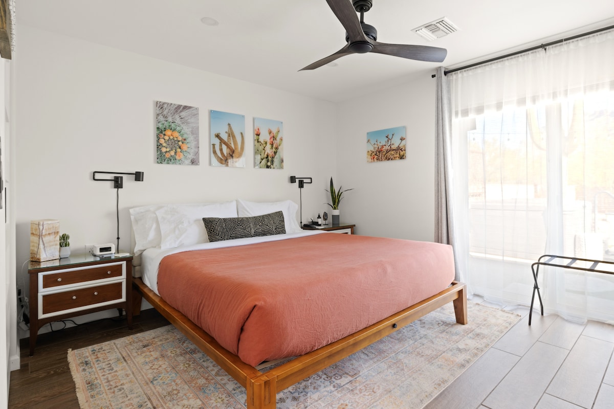 The Saguaro Suite with en-suite bathroom—your peaceful retreat after exploring Tucson.